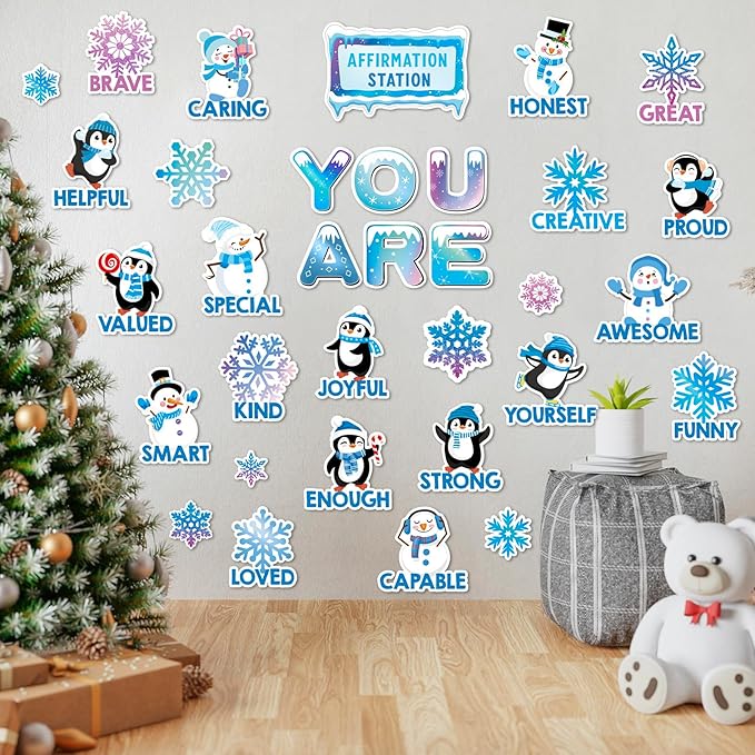 FYSUIMU 34Pcs Winter Bulletin Board Set Motivational Inspirational Christmas Paper Cutouts with 50Pcs Glue Points for Holiday Party Classroom Wall Decor