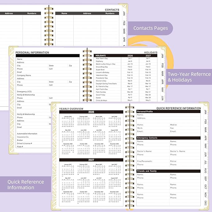 2026 Planner, Jan.2026 - Dec.2026 Weekly Monthly Planner 6.25"x8.5" with Page Tabs, Calendar Hardcover with Inner Pocket, Elastic Band, Twin-Wire Binding, Bookmark, Purple Love Heart