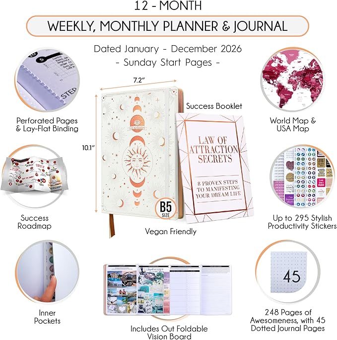 Deluxe 2026 Planner Weekly and Monthly | Law of Attraction Planner with Productivity App | 12-Month for Productivity, Gratitude & Goal Setting | Includes Foldable Vision Board, Gift Box & Stickers