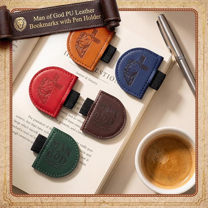 Epakh 8 Pcs Bulk Fathers Day Christian Gifts for Men Church Religious Man of God Leather Magnetic Bookmarks Pen Holder Religious Bible Verse Magnetic Bookmark Gifts for Men Book Lovers (Classic)