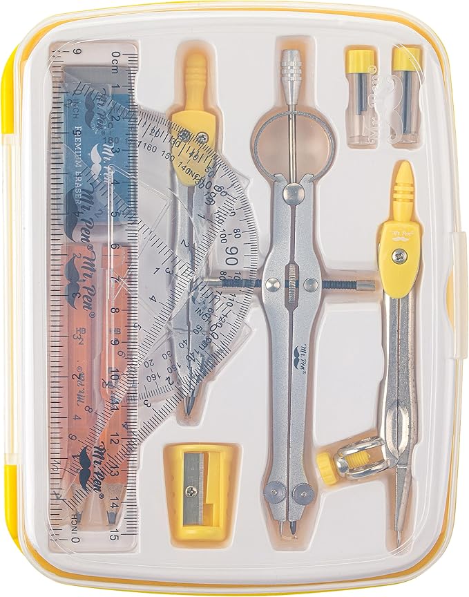 Mr. Pen- Geometry Set, 13 pcs, 3 Metal Compasses, Protractor, 6" Ruler, 45° & 30°/60° Set Squares, Pencils, Lead Refills, Sharpener & Eraser for Math, Drafting & Classroom Use