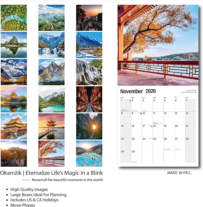 Wall Calendar 2025-2026 Planner Calendar - CHINA Hangable Monthly Wall Calendar with Large Blocks for Organizing & Planning, Academic Schedule, Home, Office & family, Thick & Sturdy Paper (12"x24" Open)