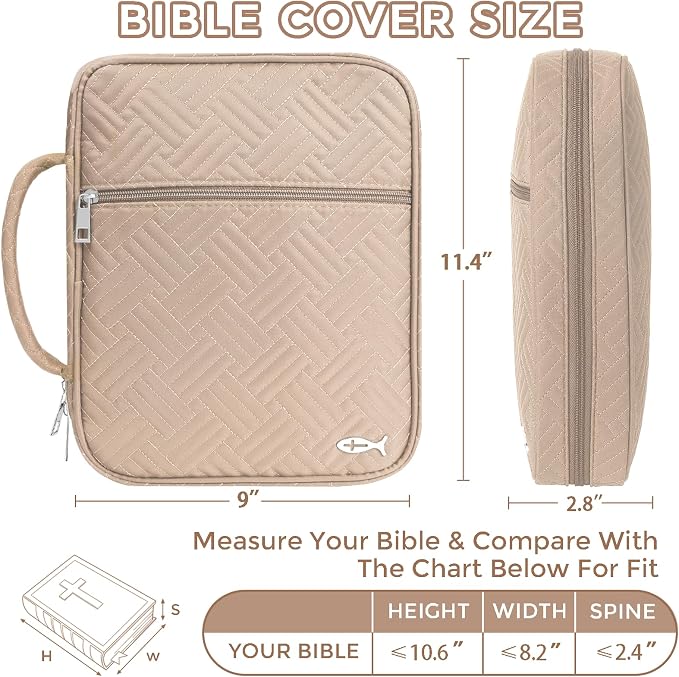XKDOUS Bible Cover Case for Women, Large Bible Cover with Durable Handle, Washable Quilted Bible Case, Bible Study Supplies & Christian Gifts for Mom, Women, Men (Khaki)