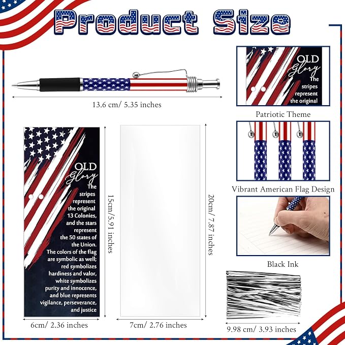 Sayglossy 24 Sets 4th of July Gifts Bulk American Patriotic Flag Ballpoint Pens Inspirational Keychains and Bookmarks for 250th Anniversary Independence Day Party Supplies
