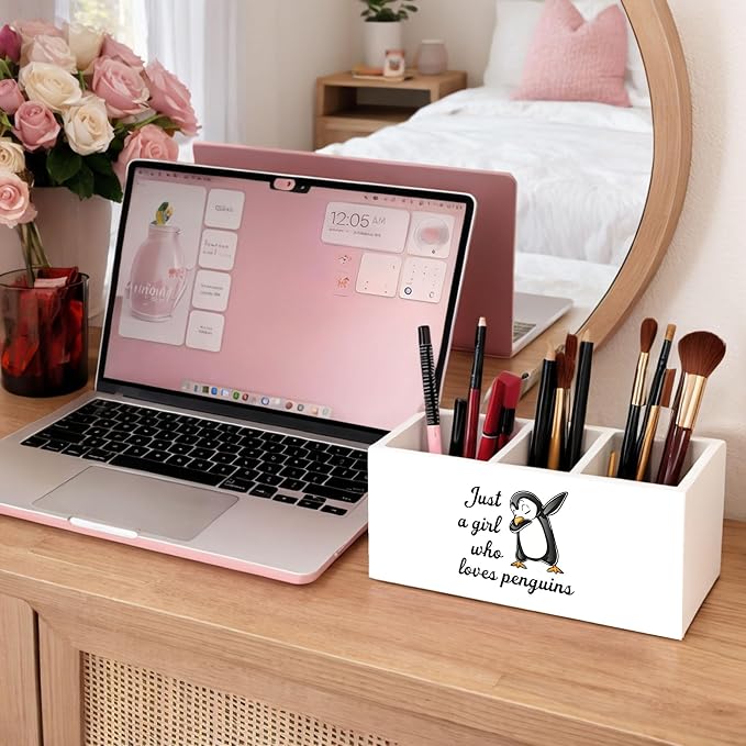 Just a Girl Who Loves Penguins Wooden Desk Organizer, Cute Penguin Design Pen Pencil Holder with 3 Compartments, Decorative Office Supply Storage Box for Desk, Home, Office, Gift for Penguin Lovers