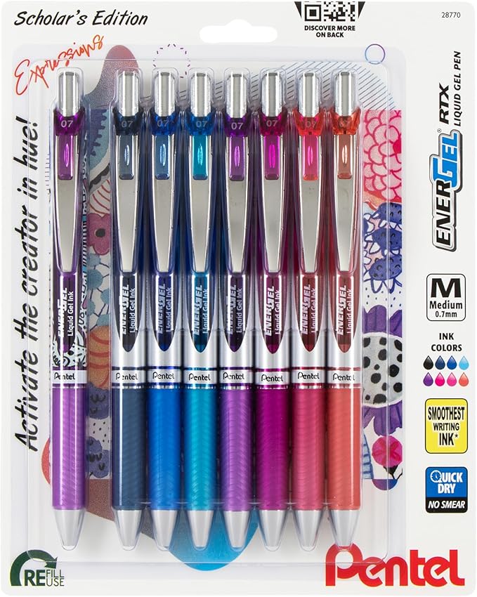 Pentel EnerGel RTX Retractable Liquid Gel Pen, Creator Expressions Pack, 0.7mm, Metal Tip, Medium Line, Assorted Ink, Pack of 8 Pens (BL77XRIGBP8M)