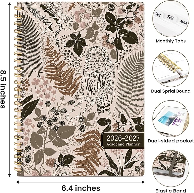 Academic Planner 2026-2027, Weekly and Monthly Calendar Book, July 2026 – June 2027, Hardcover Planner with Tabs, Perfect for Teachers, Students, Women & Men, A5 (6.4" x 8.5") - Owl