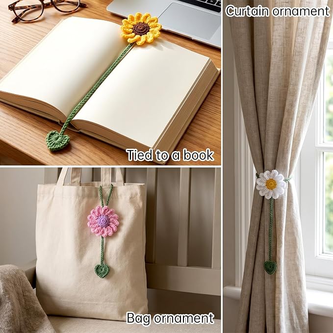 6 Pcs Crochet Flower Bookmarks, Handmade Knitted Daisy Sunflower Book Marks Cute Unique Bookmarks for Women Girls Book Lovers Teachers (6 Color)