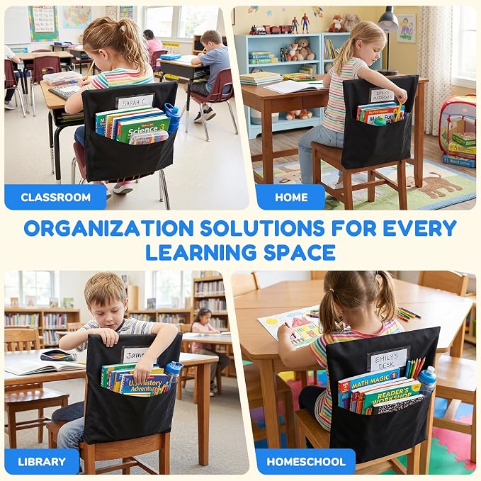 Joycat 24 Pack Classroom Chair Pocket for School, Large Capacity Student Storage Organizer with Deep Pocket & Name Tag Slot, Heavy Duty Chair Bag for Classroom Books & School Supplies