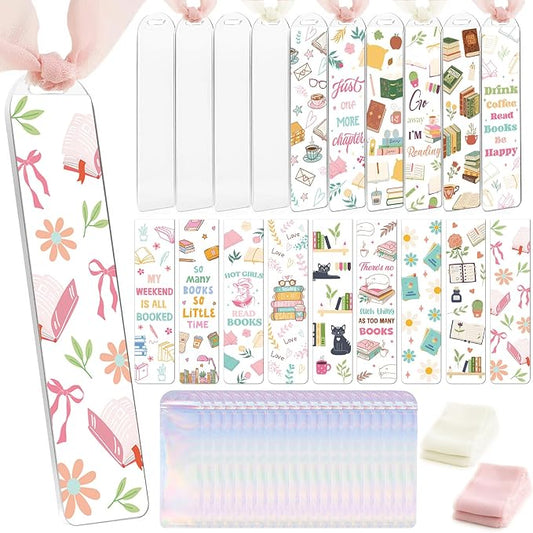 Dazoratix Book Lovers Acrylic Bookmarks - 45 Pcs Cute Acrylic Bookmark Blanks Clear Aesthetic Double-Sided Pastel Bookmark Making Kit UV DTF Transfer Stickers Yellow Pink Ribbon Women DIY Crafts Gifts