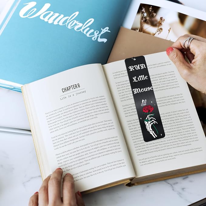 Dark Romance Gothic Metal Bookmarks: Skeleton Rose Book Mark with “Run Little Mouse”, Dark Romance Merch for Reading Women, Bookish Gifts for Woman Girls Book Lovers School Office Supplies