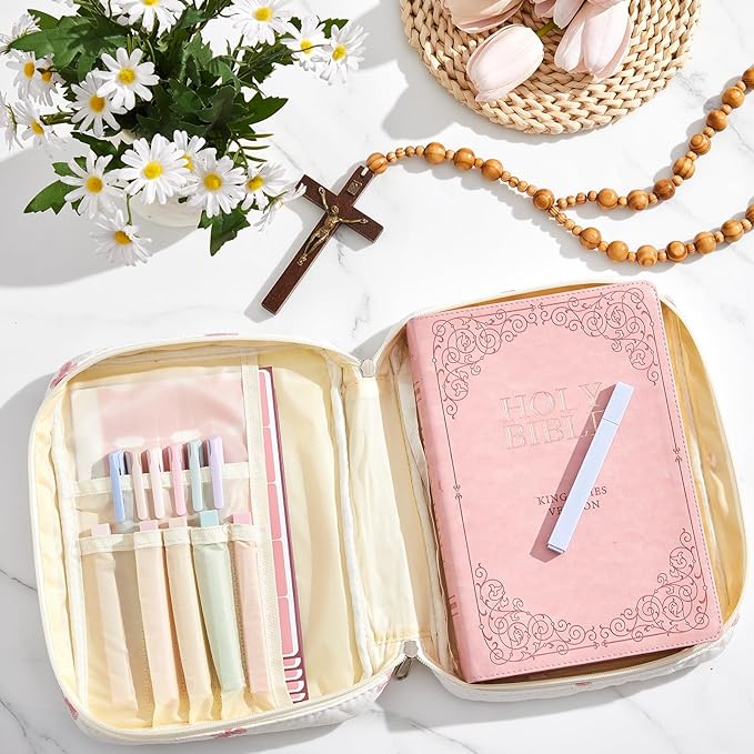 Sinload Quilted Bible Cover Case for Women Large Carrying Bag with Organizer Tabs 6 Colored Pens 6 Highlighters Book Tote Bags with Handle Bible Carry Supplies Christian Gifts(Cute Bow)