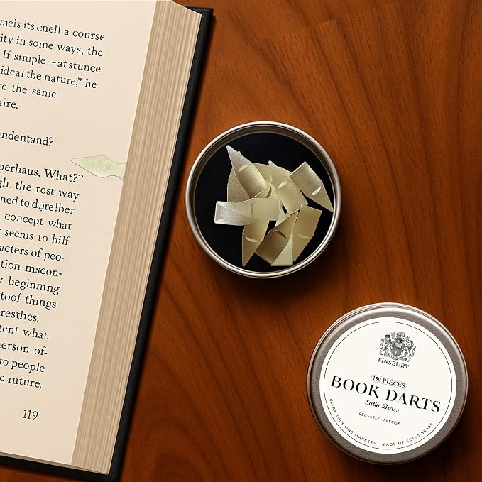 Gold Book Darts Line Markers with Protective Tin - 60 Count - Precision Mini Book Mark Page Markers for Reading and Study - Reusable & Archival Quality (Brass, 60)
