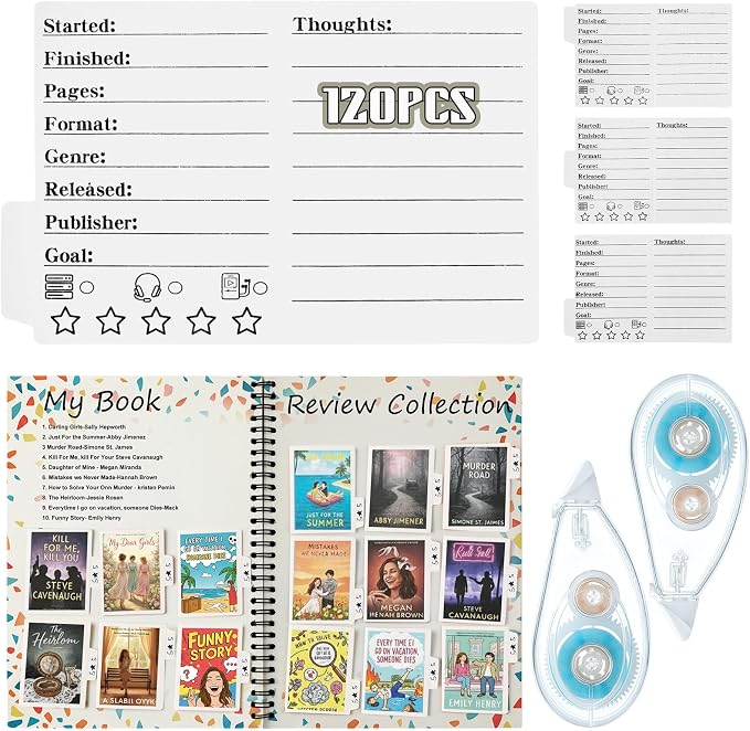 Glenmal 120 Pcs Mini Book Review Bookmarks Reading Journal File Log Page with 2 Pcs Double Sided Correction Tape Reading List Bookmark for Book Lovers Bookish Bookworms Student Gift (White)