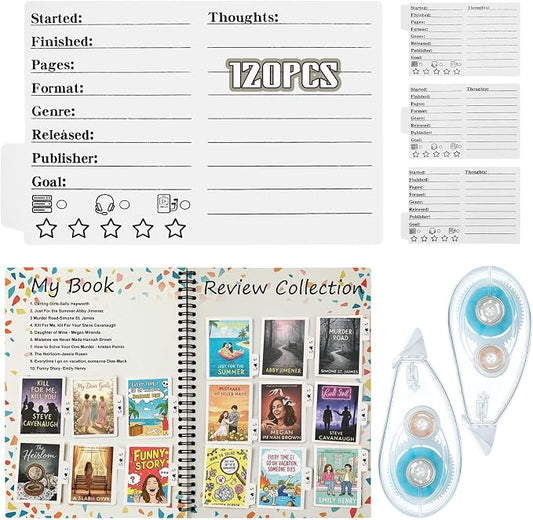 Glenmal 120 Pcs Mini Book Review Bookmarks Reading Journal File Log Page with 2 Pcs Double Sided Correction Tape Reading List Bookmark for Book Lovers Bookish Bookworms Student Gift (White)
