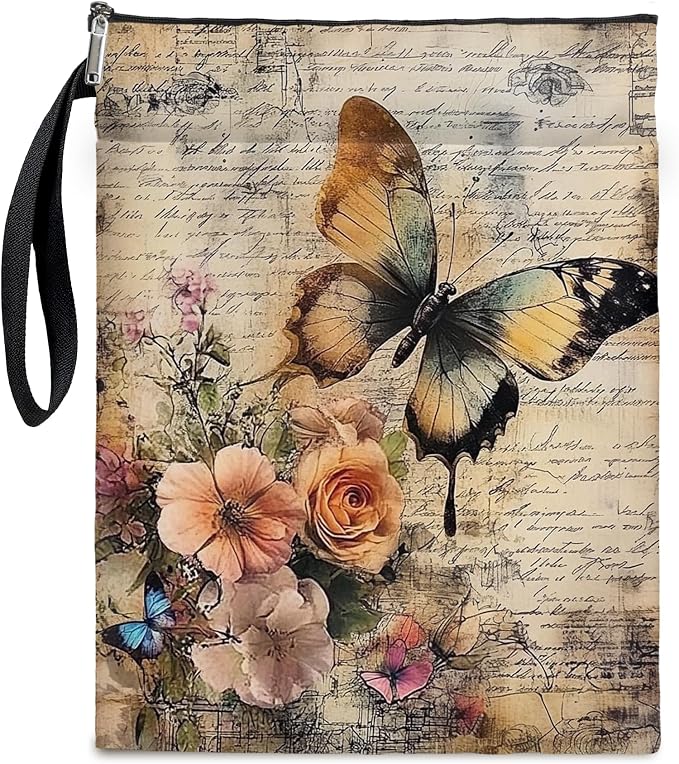 Vintage Floral Butterfly Book Cover, Waterproof Book Sleeve with Zippered Front Pocket Retro Flowers Book Pouch for Book Lovers, Christmas, Birthday, Graduation Gifts (Butterfly, Large)