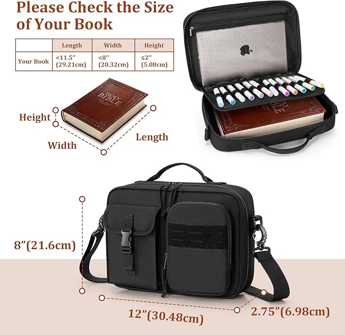 Damero Bible Cover for Men, Bible Carrying Case Church Bag with Multiple Pockets, Bible Case with Top Handle and Shoulder Strap, Black
