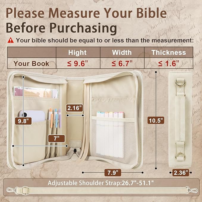 Classic Leather Bible Cover Case with Cross Design and Handle & Shoulder Strap for Women, Durable Bible Study Supplies Organizer Carrying Bag, Christmas Gifts for Christians with Gift Box（Beige