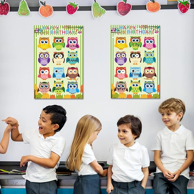 Happy Birthday Chart for Classroom, 2Pcs Birthday Poster Decoration 17’’ x 12’’ Birthday Owl Calendar Cutouts for School Bulletin Board, Chalkboards, Wall Decor