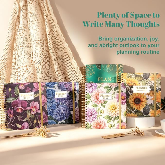 CAGIE 18 Month Planner July 2026 - December 2027, Academic Year Weekly & Monthly Planner with Tabs, 8.3 x 9.3 Floral Hardcover Organizer with 100GSM Thick Paper and Elastic Band for Women School Office