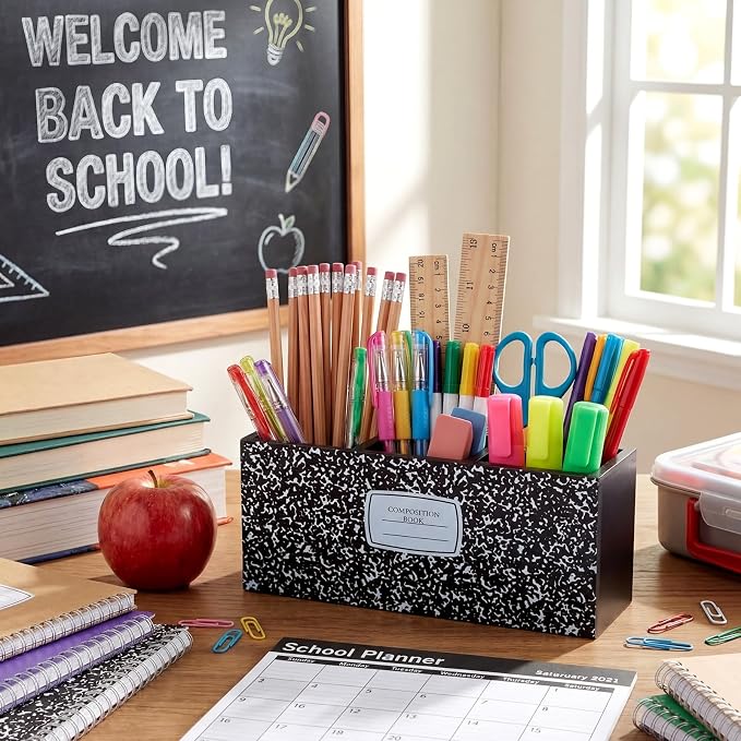 Feifeiya Composition Notebook Pen Holder for Desk Wooden Teacher Desk Organizer Back to School Decor Teacher Appreciation Gifts Pencil Holder for Home Office School Tabletop Shelf Decoration