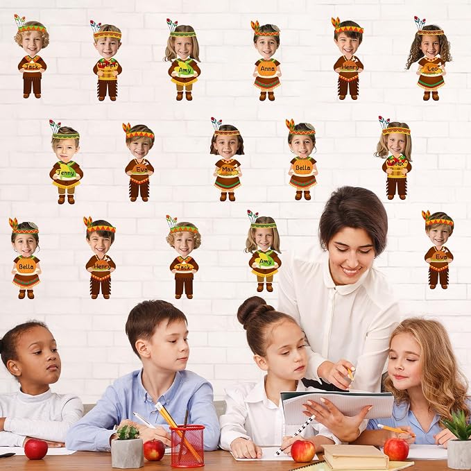 60Pcs Thanksgiving Indian Paper Cutouts Bulletin Board Decorations Cutting Fall DIY Photo Picture Crafts Autumn Cutouts Happy Thanksgiving Indian Classroom Supplies for Party School Home Wall Decor