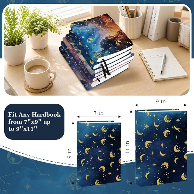 6 Pack Stretchable Book Covers, Jumbo Book Covers for Paperbacks Hardcover Books up to 9 x 11 Inches, Reusable Washable Protective Fabric Books Sleeves, Starry Sky