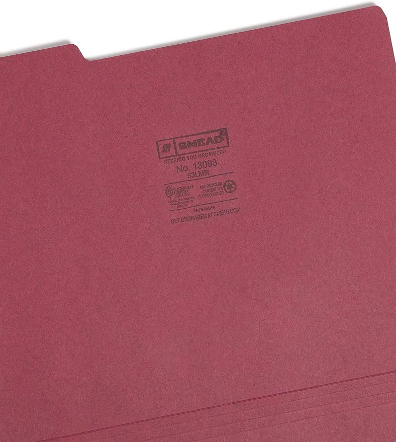 Smead Colored File Folder, 1/3-Cut Tab, Letter Size, Maroon, 100 per Box (13093) (Pack of 5)