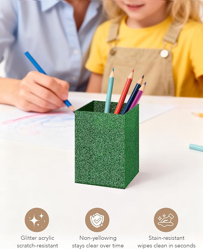 Green Glitter Acrylic Pen Holder, Acrylic Makeup Brush Storage Organizer, Pencil Pen Holder for Desk, Modern Desktop Accessories for Office School Home Supplies
