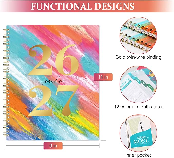 Teacher Planner 2026-2027 - 2026-2027 Weekly & Monthly Lesson Plan Book with Colorful Tabs, July 2026 - June 2027, 9" x 11", Academic Planner 2026-2027 with Twin-Wire Binding for Teachers - Watercolor