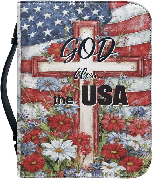 American Flag Bible Covers for Women Jesus God Bible Carrying Case with Handle Book Carrying Case Fits for More Size Bible Bag-Size：L