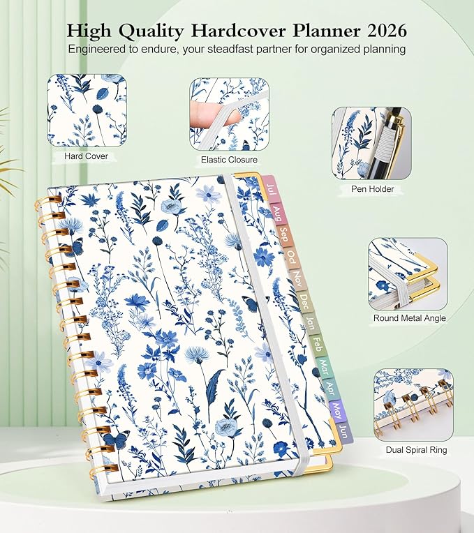 Academic Planner 2026-2027, Hardcover Weekly and Monthly Calendar Planner from July 2026 - June 2027, Daily Agenda Planners with Tabs, College School Organizer for Student Teacher, A5 (6.1" x 8.2"), Blue Floral