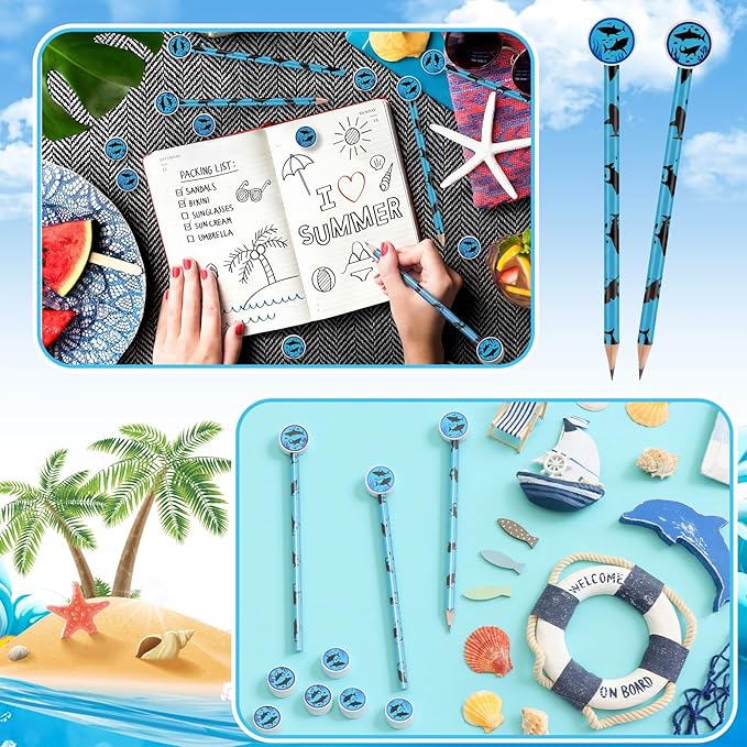 32 Pcs Summer Shark Pencil with Eraser Party Favors Gifts Shark Pen Goodie Bag Filler Under the Sea Theme Stationery Set for School Classrooms Exchange Reward Prize Home Office School Supplies