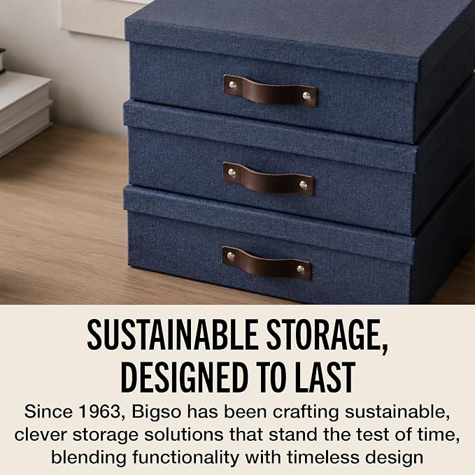 Bigso Oskar Canvas Fiberboard Document Letter Box | File Organizer Document Box for Important Paperwork | Document Storage Box with a Lid & Handle | 3.3″x10.2″x13.8″ | 3 Pack | Blue