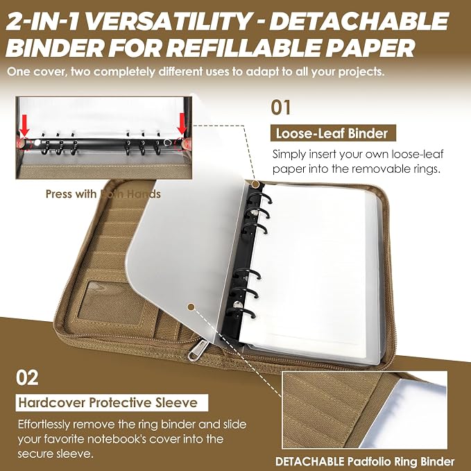 Tactical Notebook Cover, A6 Padfolio 6 Ring Binder with Big Back Pocket & Hand Strap, Zippered Hardcase Planner for Journal, College, Office, Field (Khaki, A6(5.5 x 8.5 inches))