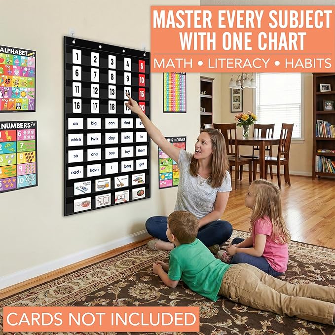 Pocket Chart for Classroom - Large Black 10 Pocket Chart for Alphabet Learning Word Wall Calendar Daily Schedule Sentence Strips Sticker Display, Teacher Supplies for Preschool Kindergarten & Home