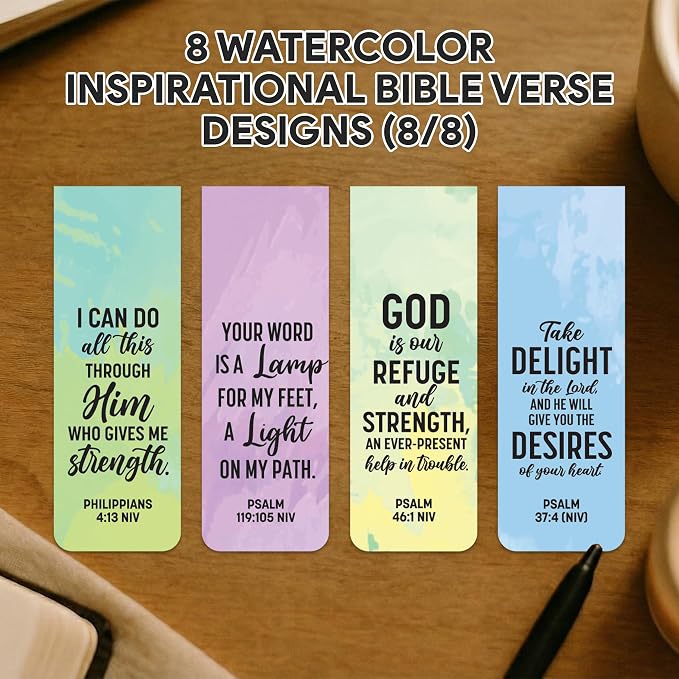 Decorably 8 Pack 0.8x2.3in Bible Verse Magnetic Bookmarks Christian, 8 Watercolor Motivational Designs Prayer Page Clips for Women & Men - Study, Devotional, Journaling, Reading, Gift