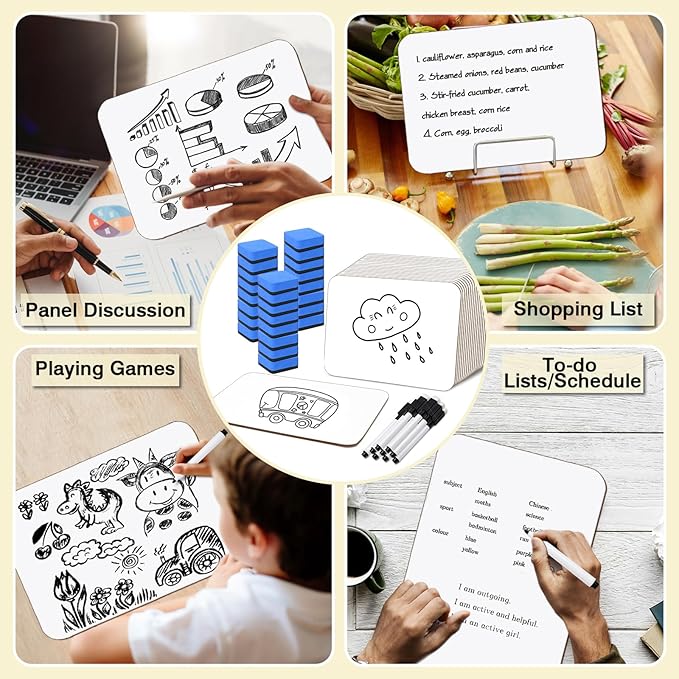 24 Pack Mini Dry Erase Board 6x9 Inch Small Wooden Portable White Boards Bulk with 24 Markers & 24 Erasers for Students Teachers Classroom Training Office Supplies