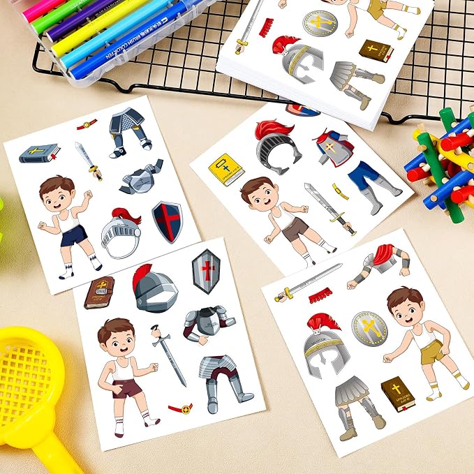Tenceur 192 Pcs Armor of God Stickers Craft Kit for Kids Religious Bible Medieval Stickers Armor of God Decoration for Toddler Sunday School Christian Art Classroom DIY Bulletin Board Party Activities