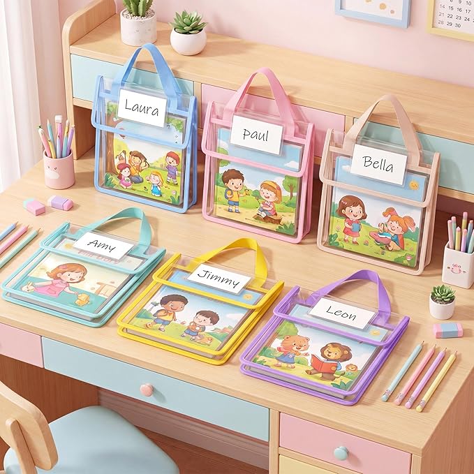 Teling 6 Pack Thick Clear Book Pouches with Blank Name Tags and Handles Book Baggies Bags Bins Organizer for School Classroom Library Pockets Students (10 x 12 Inch,Pastel Color)