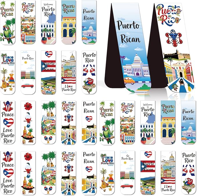 Wxiben Puerto Rico Magnetic Bookmarks Gifts - 30 Pcs Puerto Rico Travel Souvenirs Bookmark Flags Frog Flowers Magnets Book Marks Page Clip for Patriotic Latin American Spanish Party Favors