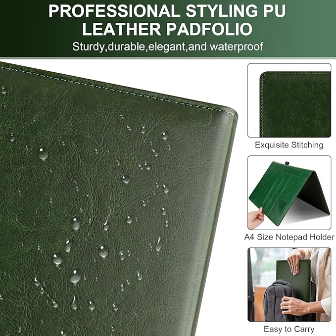Clipboard Padfolio with Storage Pocket,Clipboard Folder Portfolio Organizer,360 Degree Foldable Clipboards,Faux Leather Padfolio Organizer (Olive Green, A4 Size Folder Without Elastic Band)
