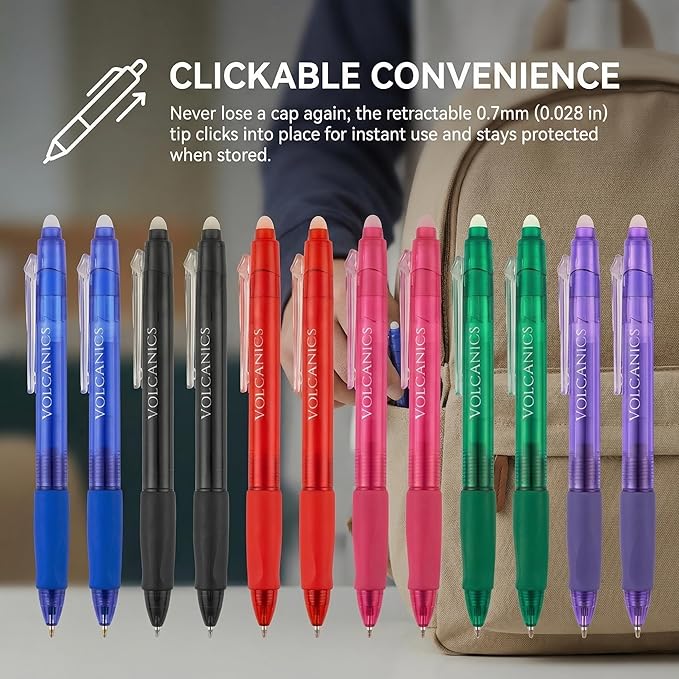 Volcanics Retractable Clicker Erasable Gel Pens 12 Pack, 6 Bright Colors, 0.7mm Fine Point Gel Ink Pens, Smooth & Refillable for Home and Office