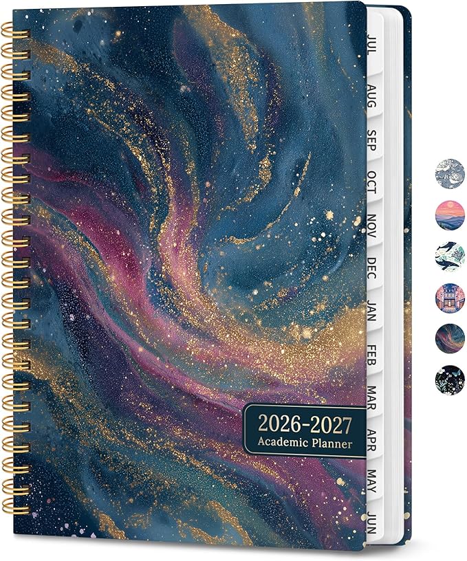 2026–2027 Academic Planner, Weekly and Monthly Planner for Women, July 2026 - June 2027, Pretty Hardcover 2026–2027 Academic Planner with Tabs, Inner Pocket, Spiral Bound, Perfect Office Home School Supplies - 6.3" x 8.5", Cosmic Swirl