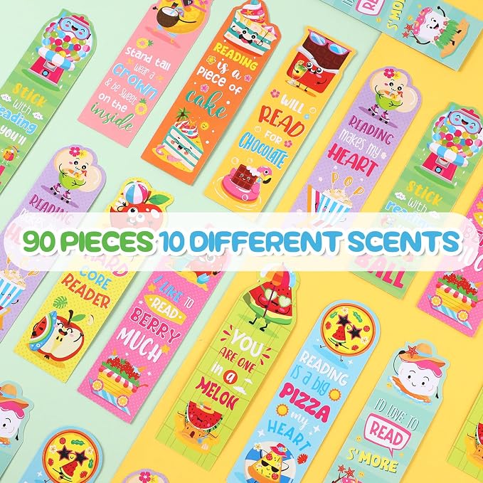 Eersida 90 Pieces Summer Scented Bookmarks Fruit Food Theme Sayings Bookmarks Sayings Assorted Cute Scented Gifts for Learning Reading Rewards Food Lovers, 10 Styles