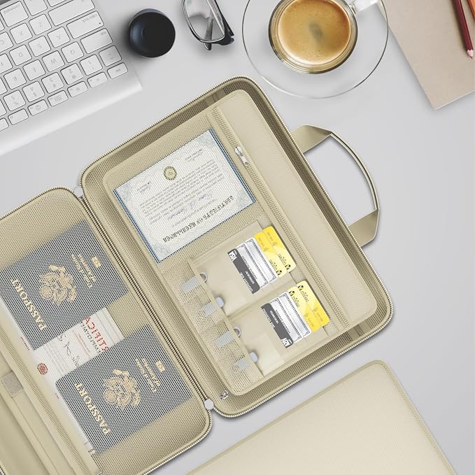 Fireproof File Organizer with Lock, Hard Case Fireproof Document Box with 13 Colorful Pockets Accordion File Folder, Important Document Organizer for Letter A4 Files Laptop Passports (Beige)