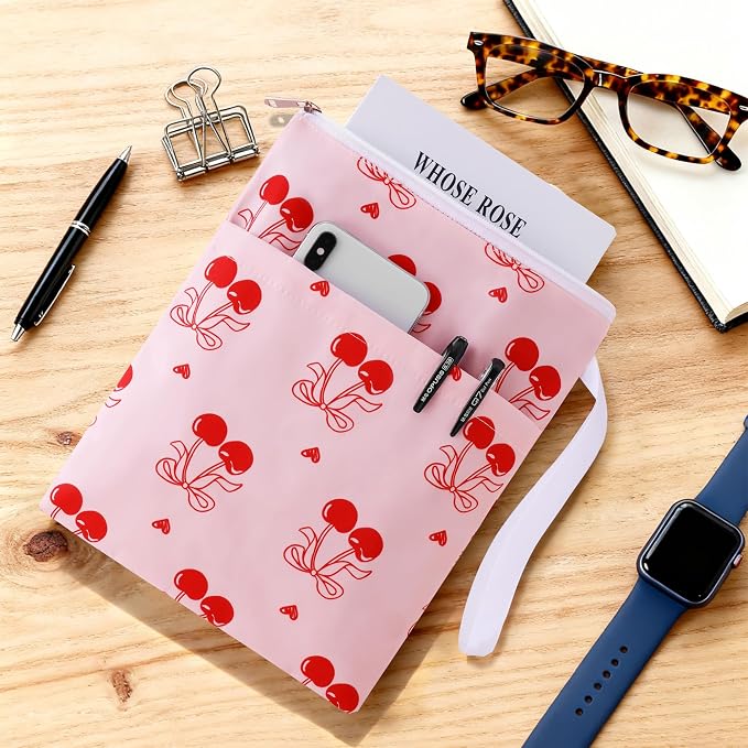 Book Sleeve with Zipper, 11''x 9'' Waterproof Paperback Sleeve for Book Lovers Books Pouch Cover with Handle for Hardcovers Kindle Sleeve for Reader Teacher Women (Red Cherries, 11x 9 inch)