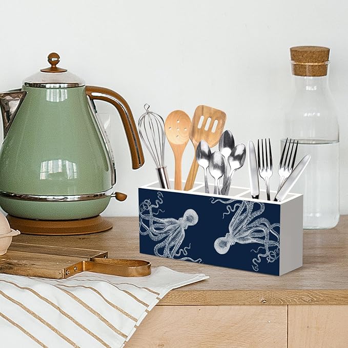 Navy Blue Octopus Pen Pencil Holder for Desk, Coastal Octopus Office Desk Accessories, Nautical Octopuses Gifts Pen Holders Organizer for Classroom Bathroom Kids Women, Navy Blue Office Decor