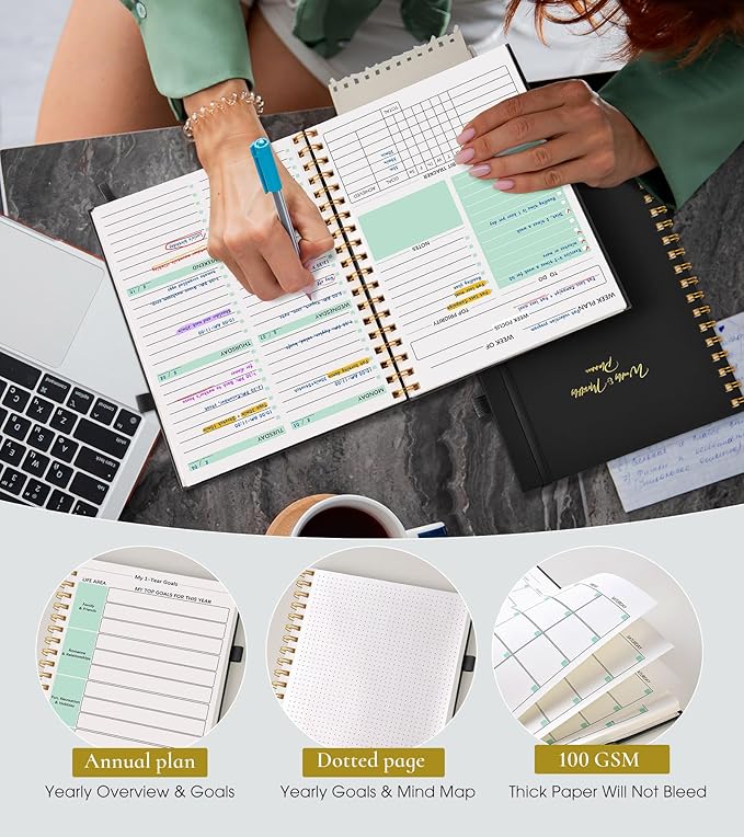 Undated Weekly and Monthly Planner, B5 Large Weekly To Do List Notebook with Goal & Habit Tracker Organizer, Hardcover Spiral Bound Blank Monthly Planner for Work School Home 7.4" x 9.64" Black