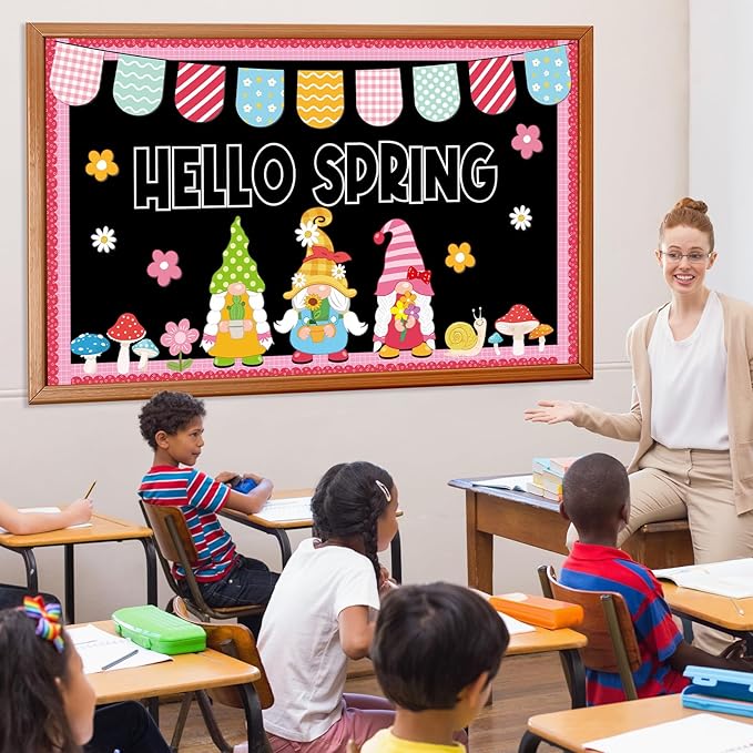 Hello Spring Bulletin Board Set Spring Gnome Classroom Decoration Springtime Gnome Flowers Paper Cutouts for Back to School Home Nursery Chalkboard Wall Decor Springs Theme Party Supplies
